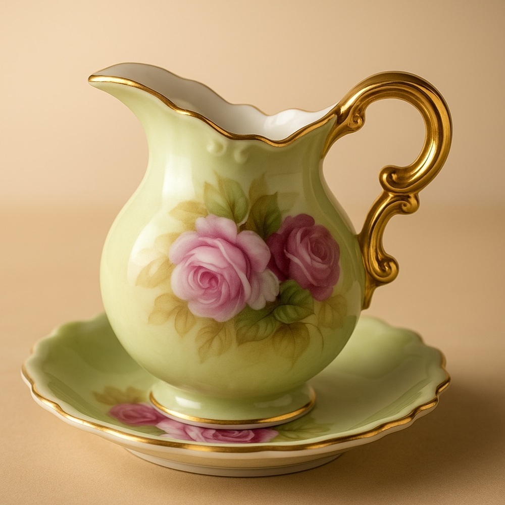 Vintage LeVintage Lefton China Mini Pitcher & Bowl Set Heritage Green Pink Roses